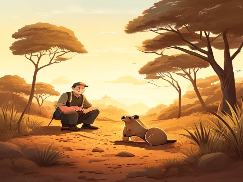 Safari guide observing a wombat in the Australian bush at golden hour