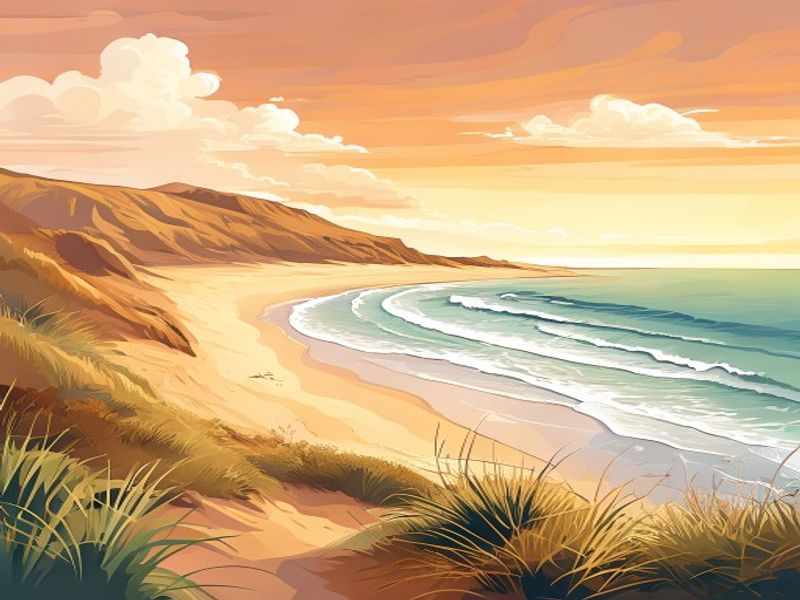 Coastal sand dunes with low scrubland near the ocean at dusk