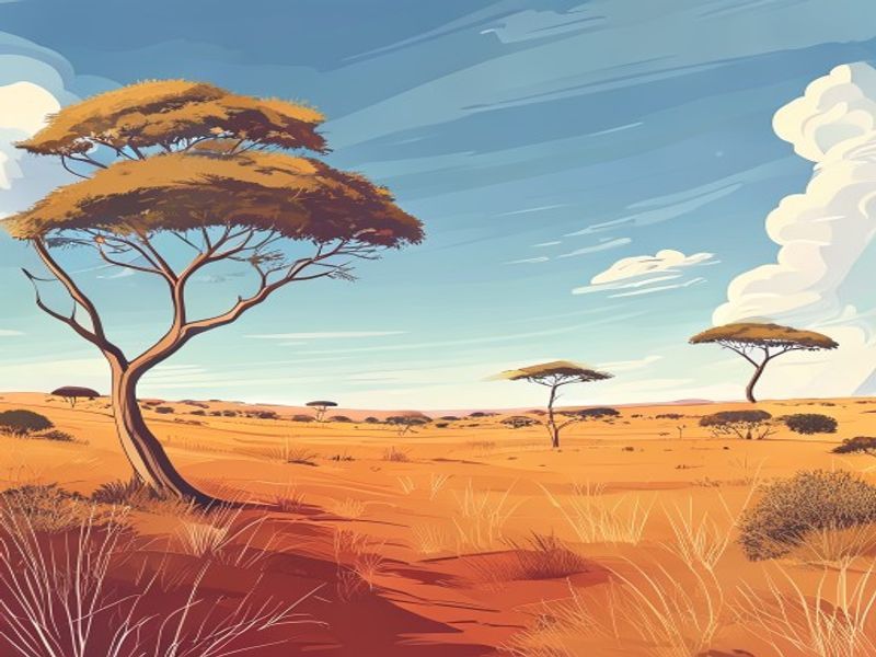 Open dry grassland with sparse acacia trees under a wide Australian sky