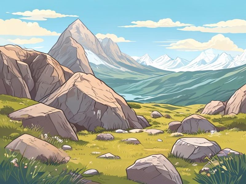 Rocky alpine terrain with boulder fields and alpine meadows at high elevation