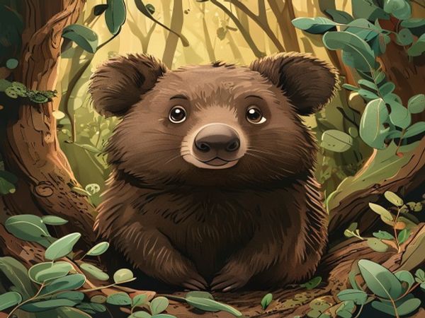 Forest Wombat emerging from a burrow in cool wet eucalyptus forest